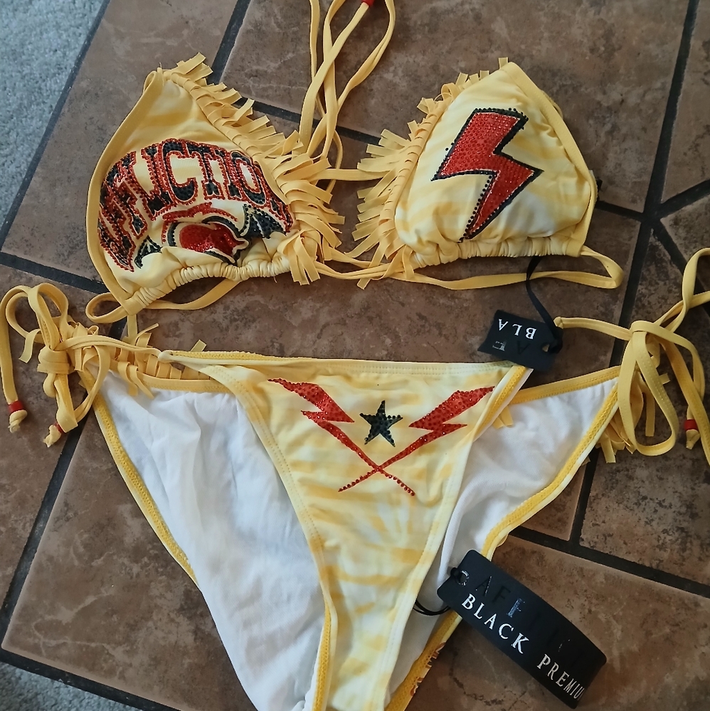 Affliction Yellow and Red Bikini Set with Bold Design